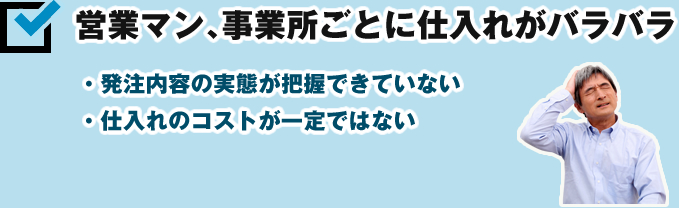 営業マン､事業所ごとに仕入れがバラバラ ・発注内容の実態が把握できていない・仕入れのコストが一定ではない