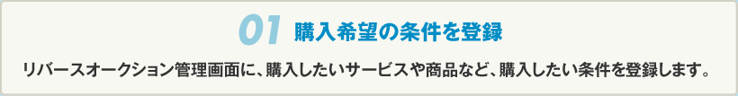 01 購入希望の条件を登録 リバースオークション管理画面に、購入したいサービスや商品など、購入したい条件を登録します。