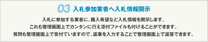 03 入札参加業者へ入札情報開示 入札に参加する業者に、購入希望など入札情報を開示します。これも管理画面上でカンタンに行え添付ファイルも付けることができます。質問も管理画面上で受付ていますので、返事を入力することで管理画面上で返答できます。